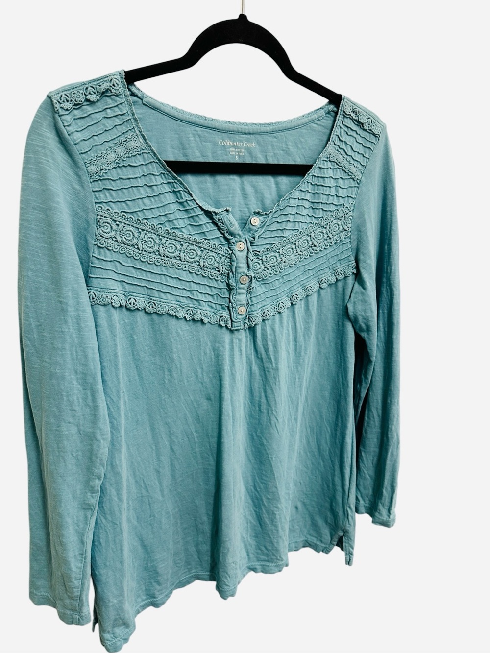 Coldwater Creek ruffle floral lace 100% cotton Henley top in teal Size S - Picture 3 of 9